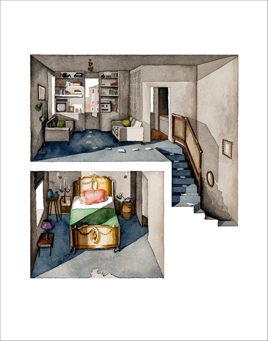 Original watercolor of the student apartment in THE SOUVENIR